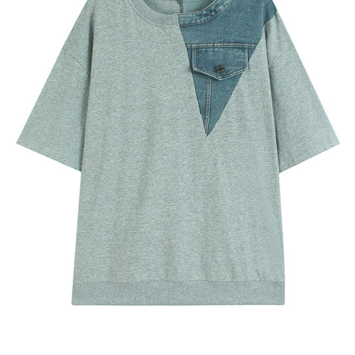 Load image into Gallery viewer, Women Gray Denim Color-block Big Size Casual T-shirt New Round Neck Short Sleeve Fashion Tide Spring Summer 2025 1DJ1354
