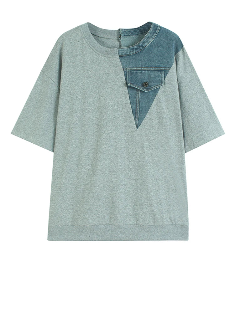 Women Gray Denim Color-block Big Size Casual T-shirt New Round Neck Short Sleeve Fashion Tide Spring Summer 2025 1DJ1354