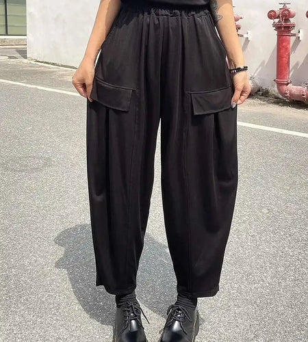 High Elastic Waist Black Brief Pocket Casual Harem Pants New Trousers Women Fashion Tide Spring Autumn 2025 1DJ0607