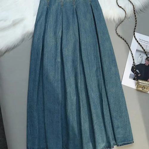 Load image into Gallery viewer, Korean Style High Waist Retro Belt Long Skirts For Women Fashion 2023 Summer Thin A-line Denim Skirt Women&#39;s Midi Elastic Skirt

