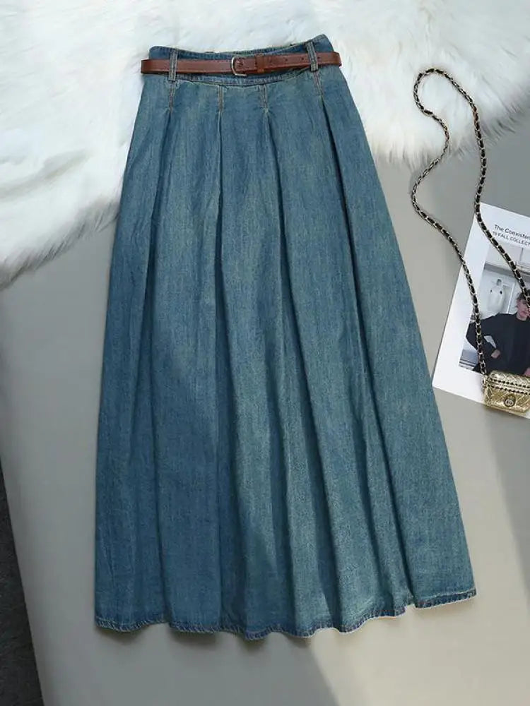 Korean Style High Waist Retro Belt Long Skirts For Women Fashion 2023 Summer Thin A-line Denim Skirt Women's Midi Elastic Skirt