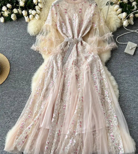 French Vintage Ladies Fashion Round Neck Pink Embroidery Floral Lace Long Dress Autumn Slim Evening Party Ruffles Princess Dress
