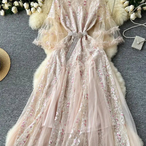 Load image into Gallery viewer, French Vintage Ladies Fashion Round Neck Pink Embroidery Floral Lace Long Dress Autumn Slim Evening Party Ruffles Princess Dress
