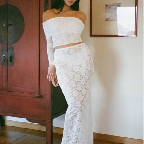 Load image into Gallery viewer, Elegant Lace Patchwork Long Sleeved Two Piece Set Women Slim Fit One Line Neck Top Tight Long Skirt Set Party Clubwear
