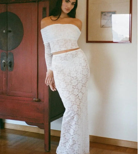 Elegant Lace Patchwork Long Sleeved Two Piece Set Women Slim Fit One Line Neck Top Tight Long Skirt Set Party Clubwear