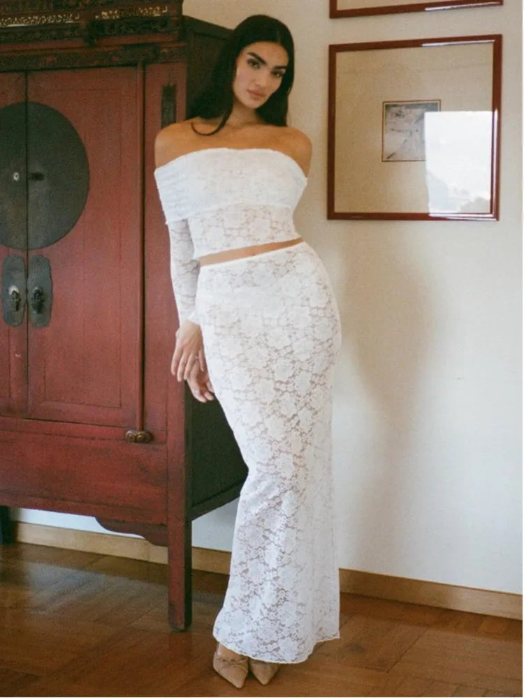 Elegant Lace Patchwork Long Sleeved Two Piece Set Women Slim Fit One Line Neck Top Tight Long Skirt Set Party Clubwear