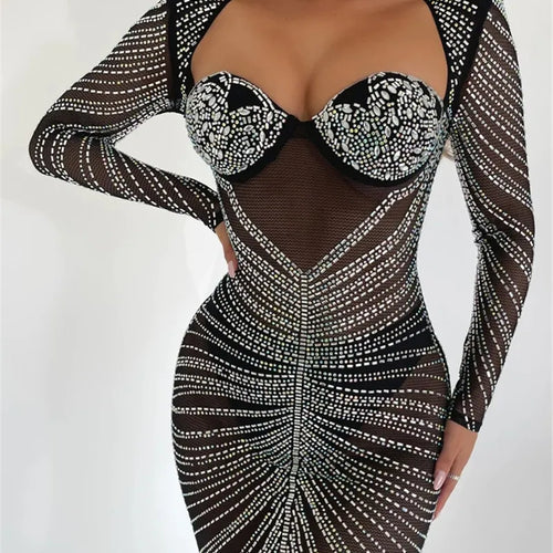 Load image into Gallery viewer, Glitter Mesh See Through Party Maxi Dress For Women Fashion Full Sleeve Bodycon Sexy Club Long Evening Dress Vestido
