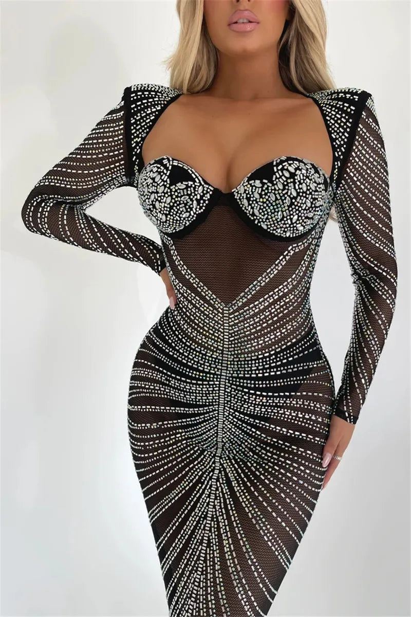 Glitter Mesh See Through Party Maxi Dress For Women Fashion Full Sleeve Bodycon Sexy Club Long Evening Dress Vestido