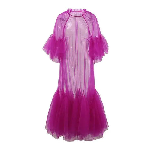 Load image into Gallery viewer, Women Purple Ruffles Mesh Perspective Big Size Long Dress New Round Neck Half Sleeve Fashion Spring Summer 2025 JR7711
