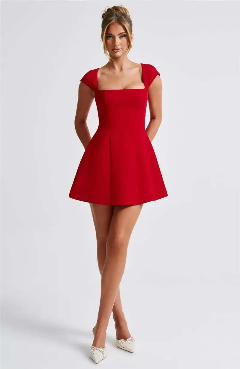 Square Collar Short Sleeve Mini Dress For Women Robe New Fashion Solid A-line Loose High Waist Short Dress Elegant