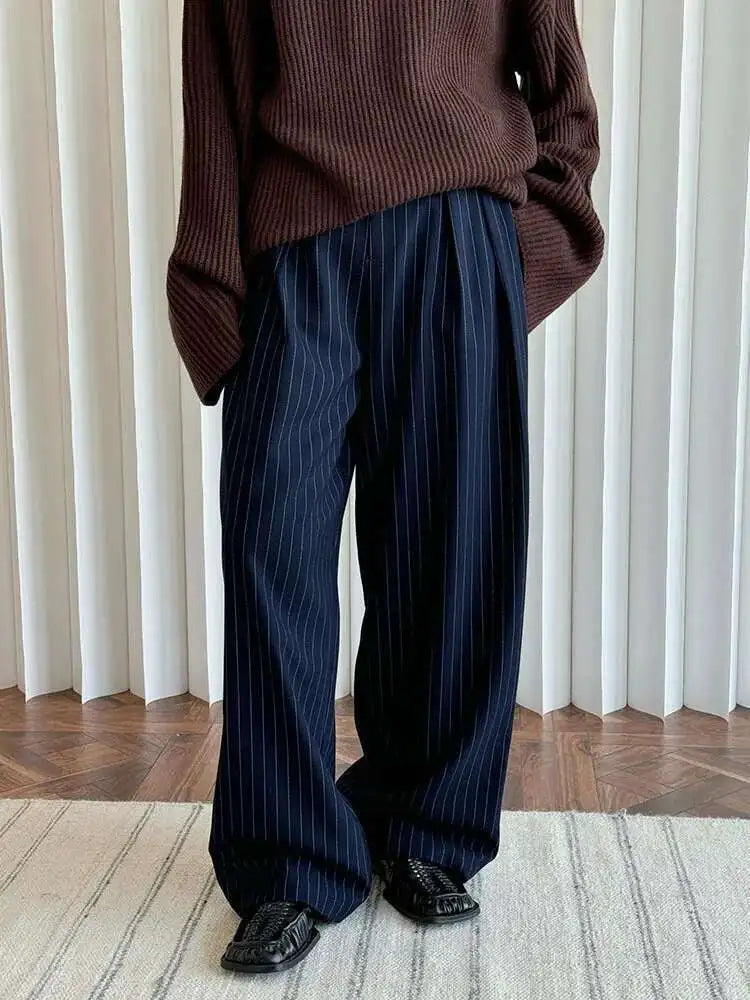 High Waist Navy Blue Striped Pleated Long Wide Leg Pants New Trousers Women Fashion Tide Spring Autumn 2025 1DH8669