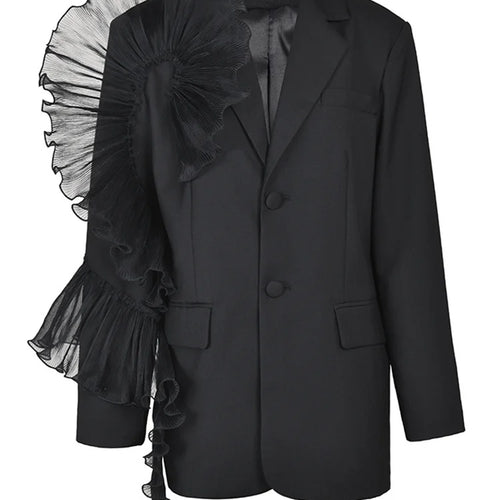 Load image into Gallery viewer, Women Black Organza Ruffles Big Size Blazer New Lapel Long Sleeve Loose Fit Jacket Fashion Spring Autumn 2025 1DE392101
