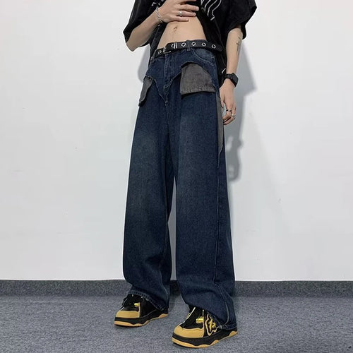 Load image into Gallery viewer, Niche Design Men&#39;s Denim Trousers Patchwork Contrast Color Washing Straight Pants Wide Leg Casual Male Jeans Chic 9C9289
