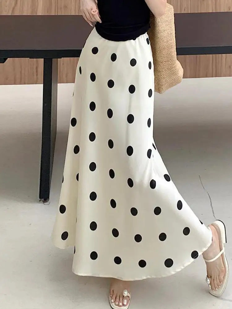 Spring Summer Women Black Beige Polka Dot Elegant Fishtail Long Skirt Korean Fashion High Waist Vacation Wrapped Hip Skirt Trend