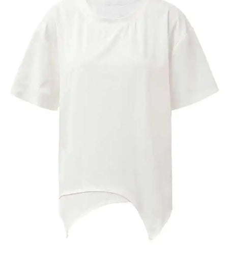 Women White Irreuglar Hem Double Layers Big Size  T-shirt New Round Neck Short Sleeve Fashion Spring Summer 2025 1DH5357