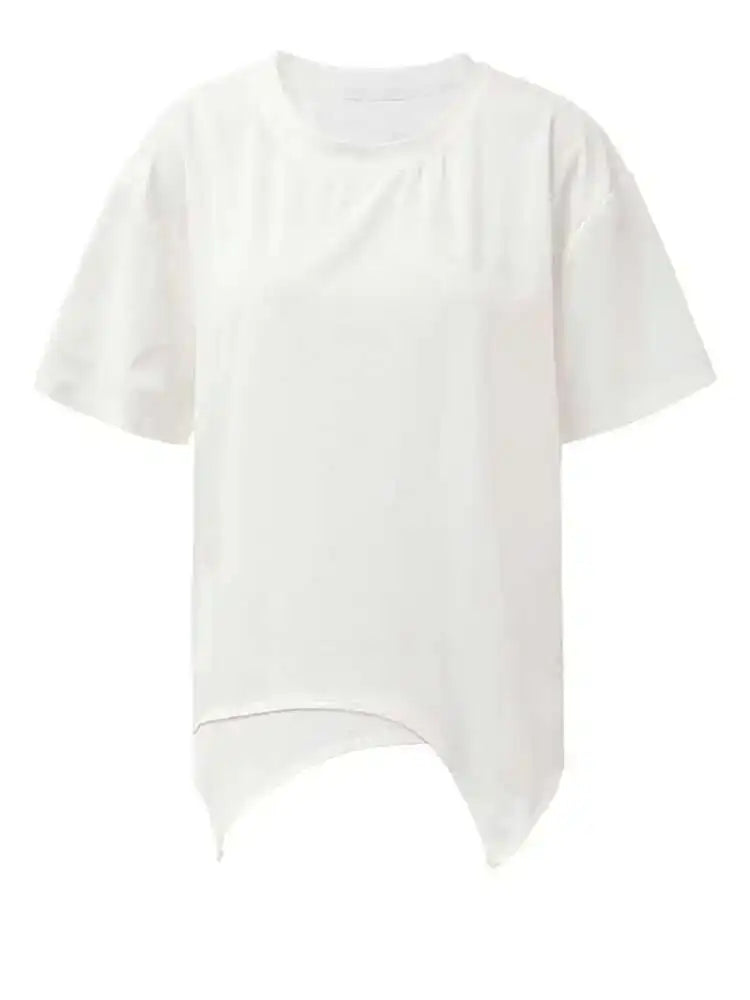 Women White Irreuglar Hem Double Layers Big Size  T-shirt New Round Neck Short Sleeve Fashion Spring Summer 2025 1DH5357