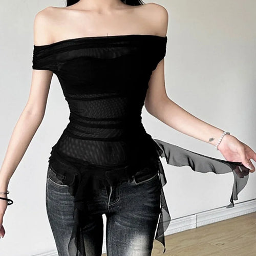 Load image into Gallery viewer, Summer Sexy Y2k Aesthetic Vintage Gauze T-Shirts Streetwear Slash Neck Slim Tshirts Harajuku Summer Irregular Ruffled Crop Tops
