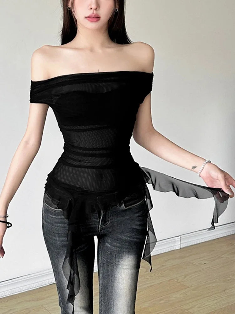Summer Sexy Y2k Aesthetic Vintage Gauze T-Shirts Streetwear Slash Neck Slim Tshirts Harajuku Summer Irregular Ruffled Crop Tops