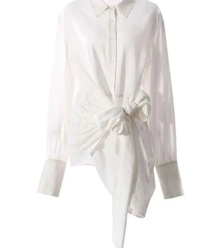 Women White Bandage Bow Big Size Long Elegant Blouse New Lapel Long Sleeve Shirt Fashion Tide Spring Autumn 2025 7AB8430