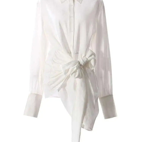 Load image into Gallery viewer, Women White Bandage Bow Big Size Long Elegant Blouse New Lapel Long Sleeve Shirt Fashion Tide Spring Autumn 2025 7AB8430
