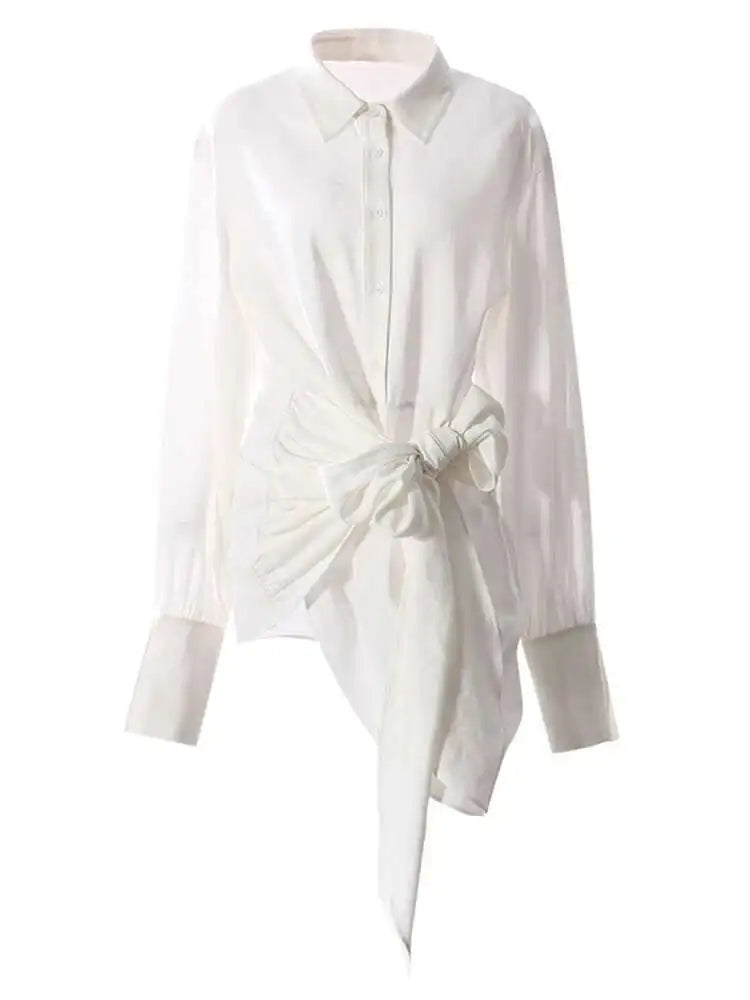 Women White Bandage Bow Big Size Long Elegant Blouse New Lapel Long Sleeve Shirt Fashion Tide Spring Autumn 2025 7AB8430