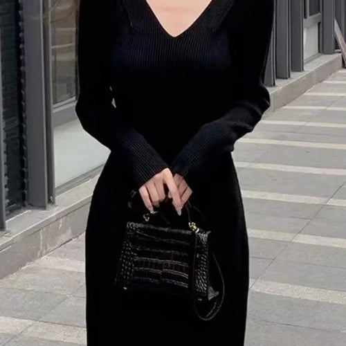 Load image into Gallery viewer, Autumn Winter Knit Kntted Sweater Halter Bodycon Black Midi Dress Women Vintage Wrap Sexy Elegant Dresses Party
