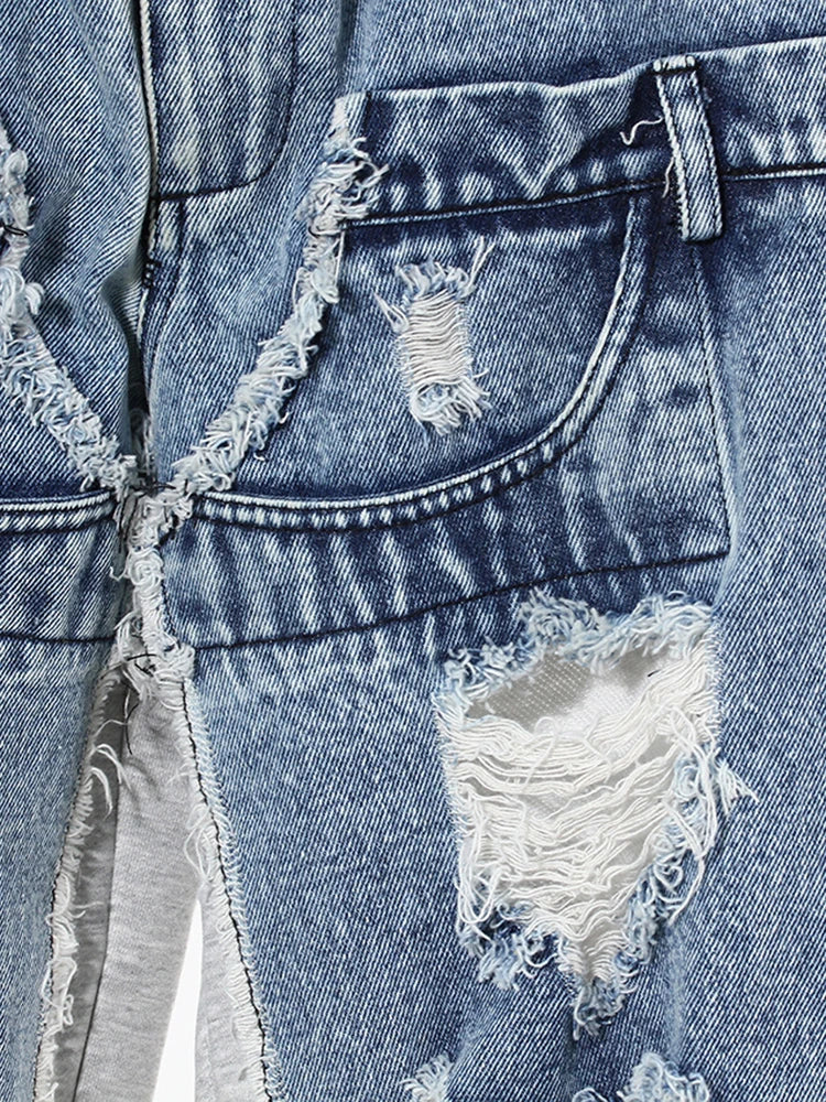 High Waist Gray Denim Burr Color-block Long Casual Wide Leg Jeans New Women Trousers Fashion Spring Autumn 2025 7AB4255