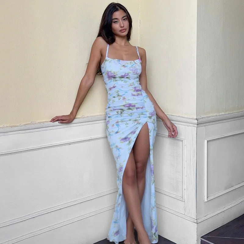 Sleeveless Print Spaghetti Strap Slash Neck Sexy Backless Thigh Split Maxi Dress Women Pleated Vacation Dress Summer