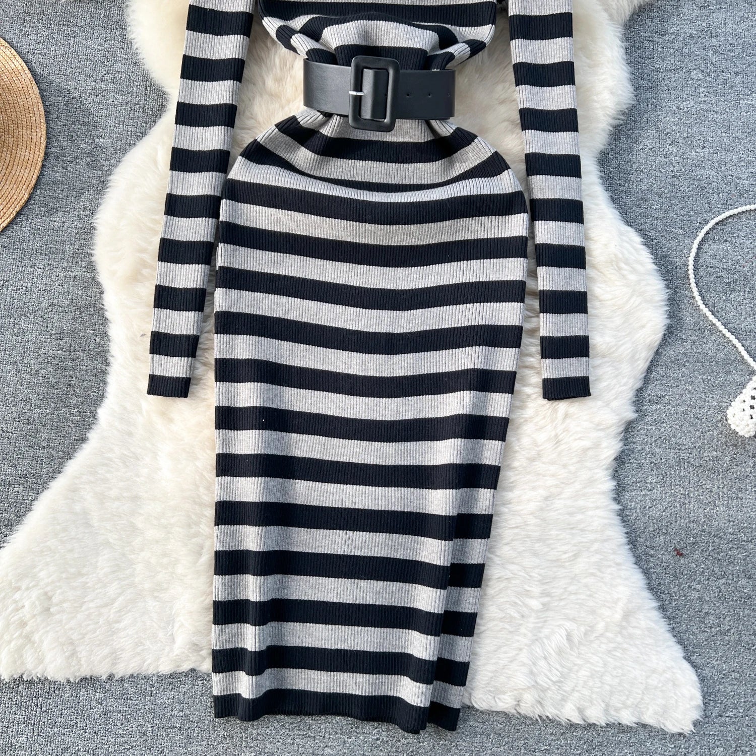Autumn Winter Patchwork Stripe Knit Long Dress Female Fashion Medium Length High Neck Warm Loose Slim Sweater Dress Women French