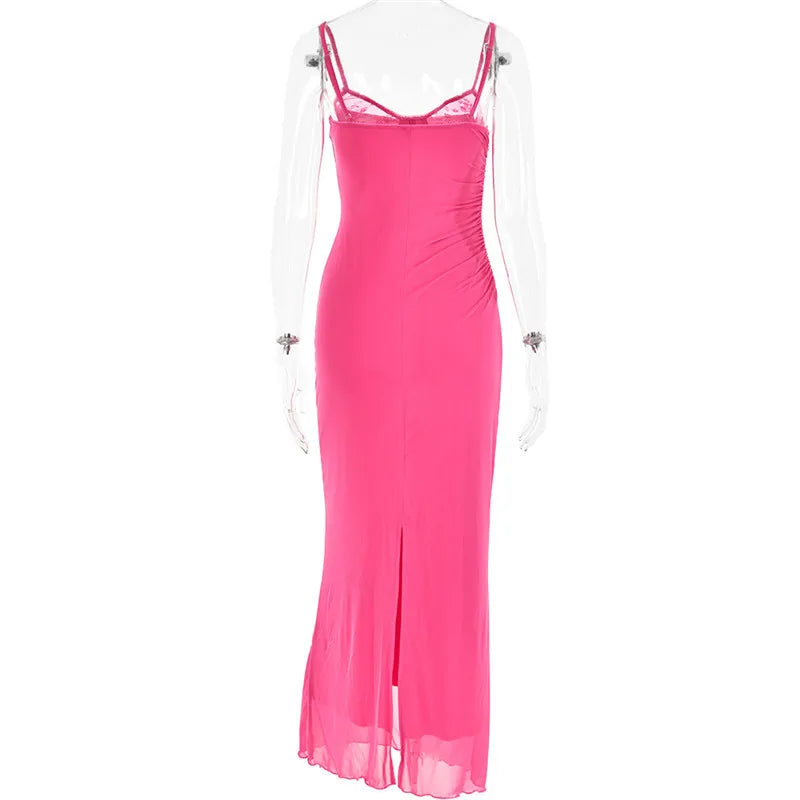 Elegant Spaghetti Strap Backless Sexy Maxi Dress For Women Fashion Two Layer Mesh Sleeveless Bodycon Club Party Dress