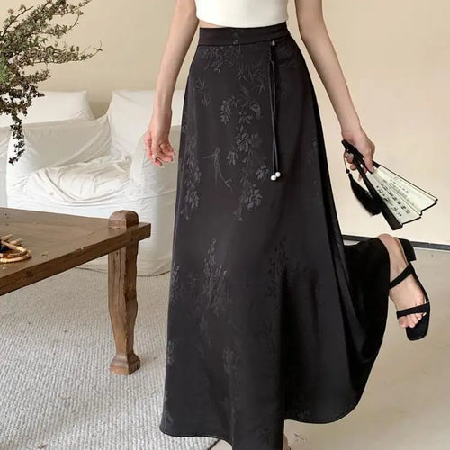 Load image into Gallery viewer, Vintage White Elegant High Waist Jacquard Skirt Women 2024 Spring Summer New Chinese Style Fashion Black Temperament Long Skirt
