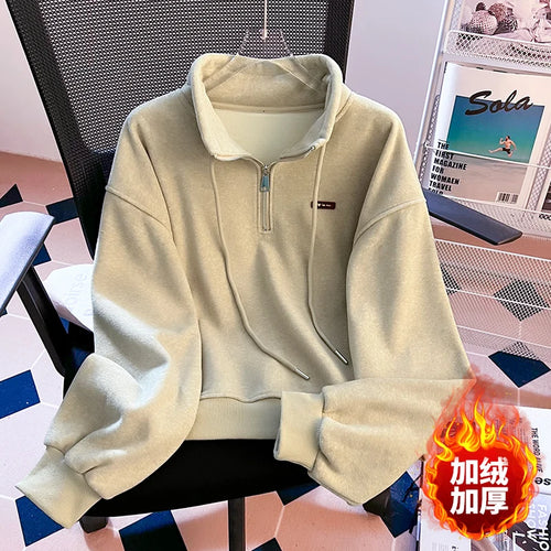 Load image into Gallery viewer, Korean Fashion Women's Beige Velvet Half Zipper Sweatshirt Autumn Winter Grey Long Sleeve Holiday Casual Pullover Tops Thick New
