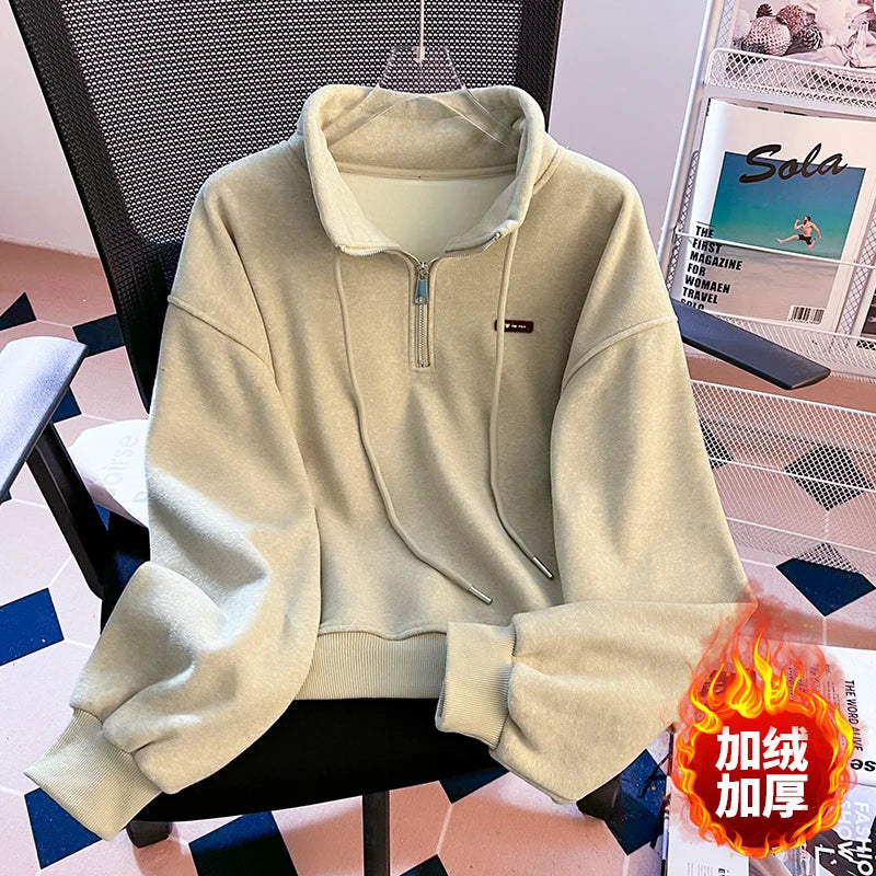 Korean Fashion Women's Beige Velvet Half Zipper Sweatshirt Autumn Winter Grey Long Sleeve Holiday Casual Pullover Tops Thick New