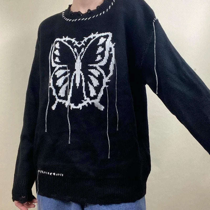 Butterfly Jacquard Loose Winter Sweater Women Grunge Hole Ripped Pullover Harajuku Academia Tassel Jumper