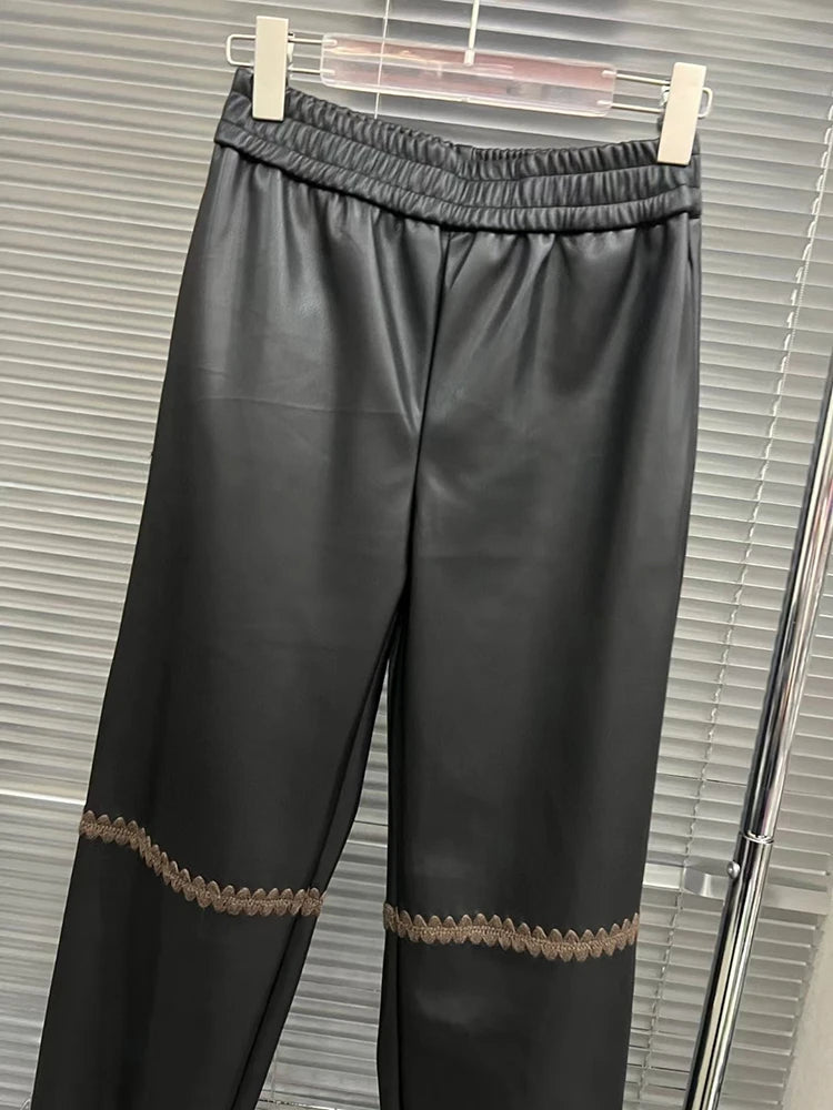 Colorblock Casual Loose Leather Pants For Women High Waist Minimalist Straight Leg Pant Female Fashion Clothing
