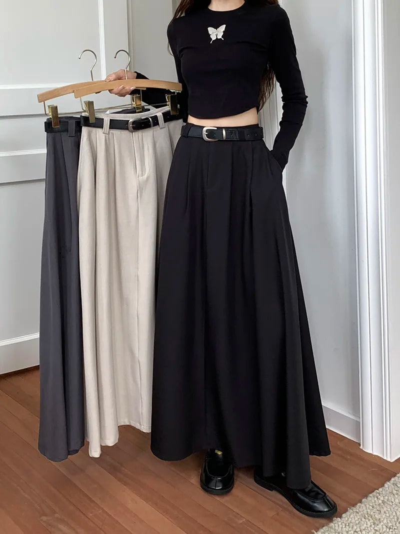 Korean Black High Waist Pleated Woman Grey Suit Skirt Female 2023 Autumn Ladies Casual Fashion Beige Festival A-line Long Skirts