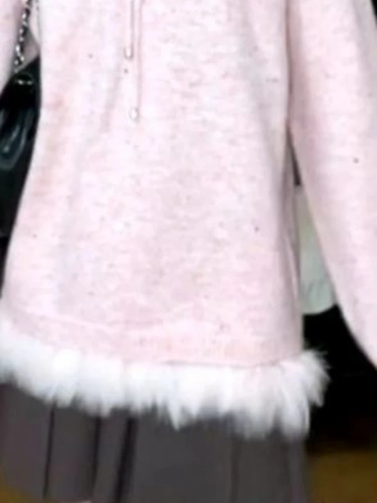 Y2k Aesthetic Women Sweet Fur Patchwork Sweaters Grunge Sailor Collar Bandage Jumpers Loose Knitted Harajuku Pullovers Female