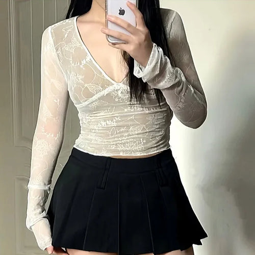 Load image into Gallery viewer, Sexy Lace Mesh Top V Neck Tees Y2k Aesthetic Slim Japanese Harajuku Crop  Chic Women Bottoming Long Sleeve T-shirt Outerwear
