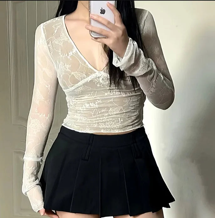 Sexy Lace Mesh Top V Neck Tees Y2k Aesthetic Slim Japanese Harajuku Crop  Chic Women Bottoming Long Sleeve T-shirt Outerwear