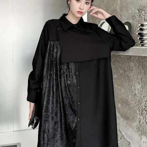 Load image into Gallery viewer, Women Black Velvet Big Size Pleated Mini Shirt Dress New Lapel Long Sleeve Fashion Tide Spring Autumn 2025 1DH5157
