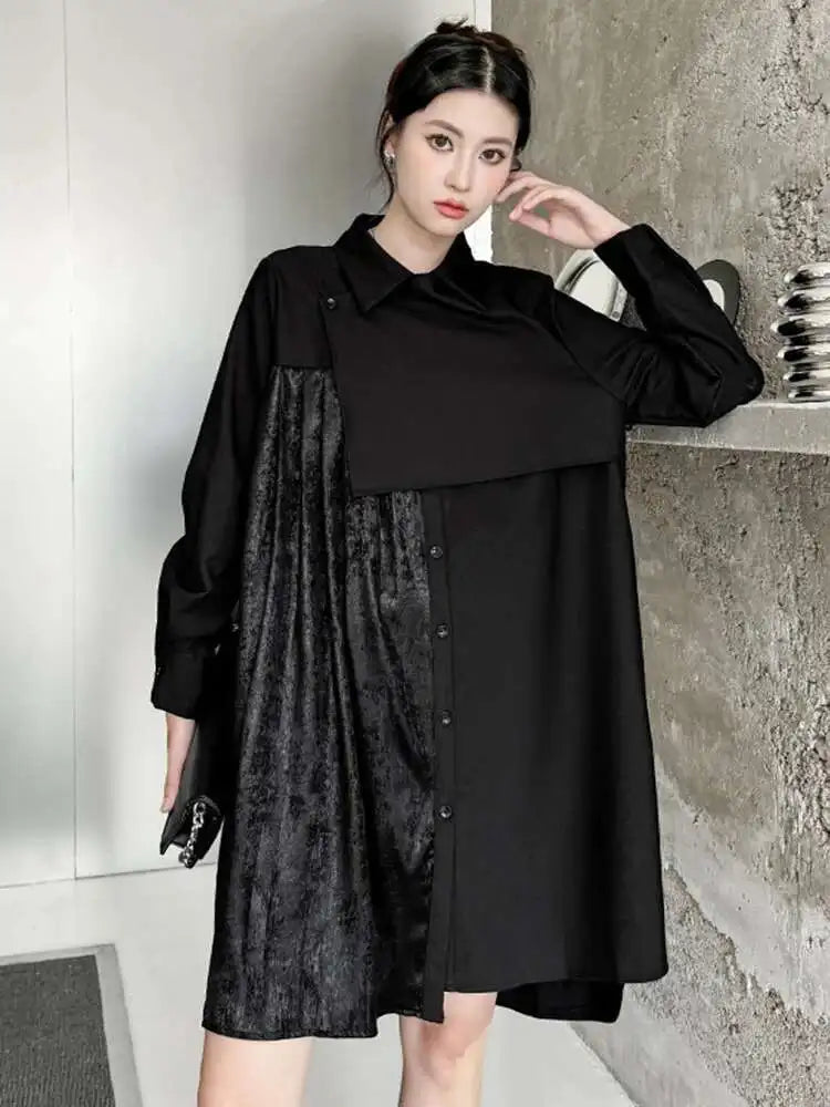 Women Black Velvet Big Size Pleated Mini Shirt Dress New Lapel Long Sleeve Fashion Tide Spring Autumn 2025 1DH5157