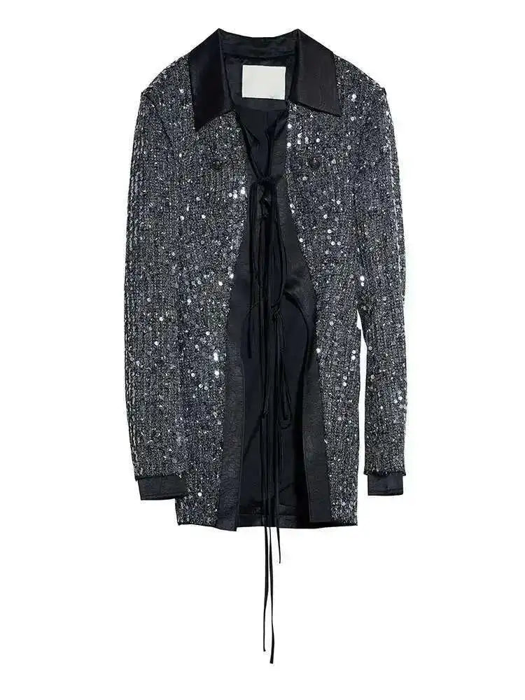 Sequins Shining Blazer Wide Leg Shorts Two Piece Suit New Lapel Long Sleeve Women Fashion Tide Spring Autumn 2025  1DH7070
