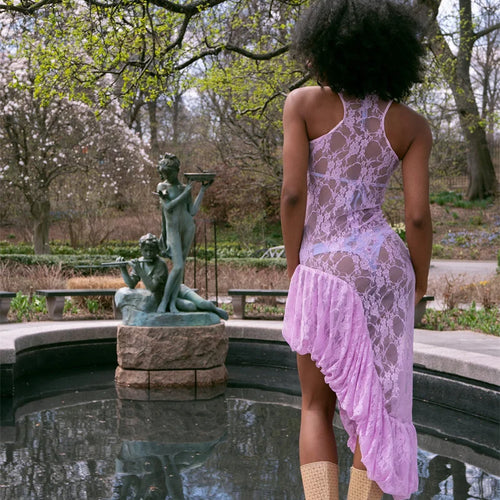 Load image into Gallery viewer, Lace See Through Ruffle Sexy Midi Dress Women Gown Summer Fashion High Waist Slim Thigh High Split Elegant Long Dress
