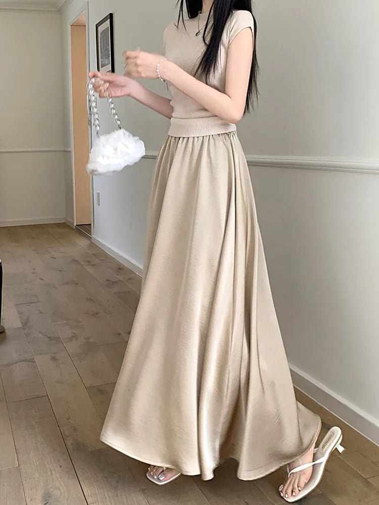 Korean Casual Women's Black White Elegant Simple Pleated A-line Skirt Spring Summer Fashion Slim High Waist Long Skirts Popular