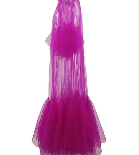 Women Purple Ruffles Mesh Perspective Big Size Long Dress New Round Neck Half Sleeve Fashion Spring Summer 2025 JR7711