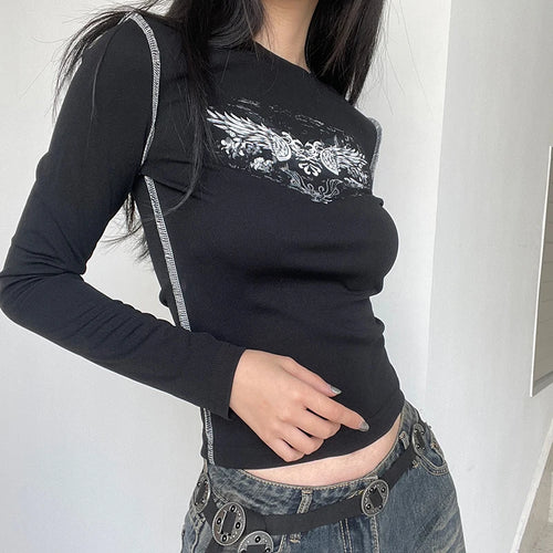 Load image into Gallery viewer, Grunge Stitch Bodycon Women Tee Shirts Vintage Y2K Top Clothes Printed 2000s Aesthetic Spring Autumn T shirt Harajuku
