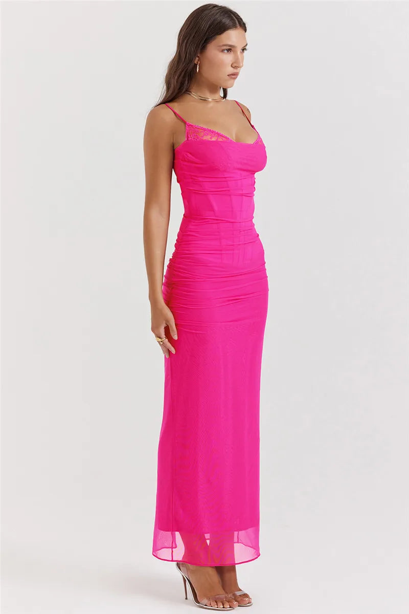 Elegant Spaghetti Strap Backless Sexy Maxi Dress For Women Fashion Two Layer Mesh Sleeveless Bodycon Club Party Dress