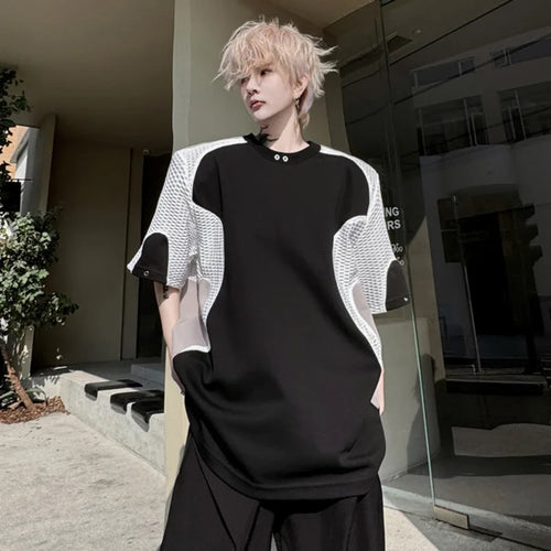 Load image into Gallery viewer, Male Short Sleeve T-shirts Summer Fashion Mesh Splicing Contrast Color Loose Round Neck Men's T-shirt Pullover Top 9W1494
