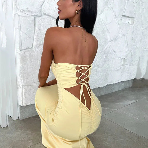 Load image into Gallery viewer, Sexy Sleeveless Bodycon Hollow Out Dress For Women Lace Up Pleats Slim Maxi Female Vestidos Elegant Party Evening Dress
