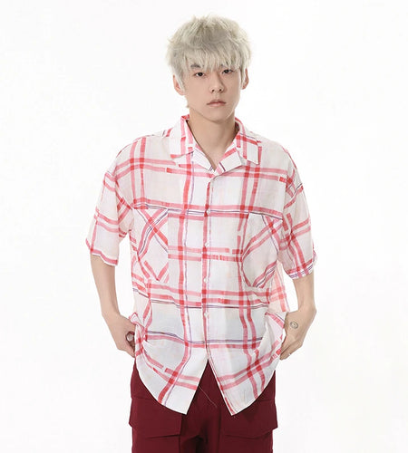 Summer Men's Shirt Lapel Irregular Plaid Contrast Color Design Single Breasted Loose Short Sleeved Niche Male Tops 9W1257